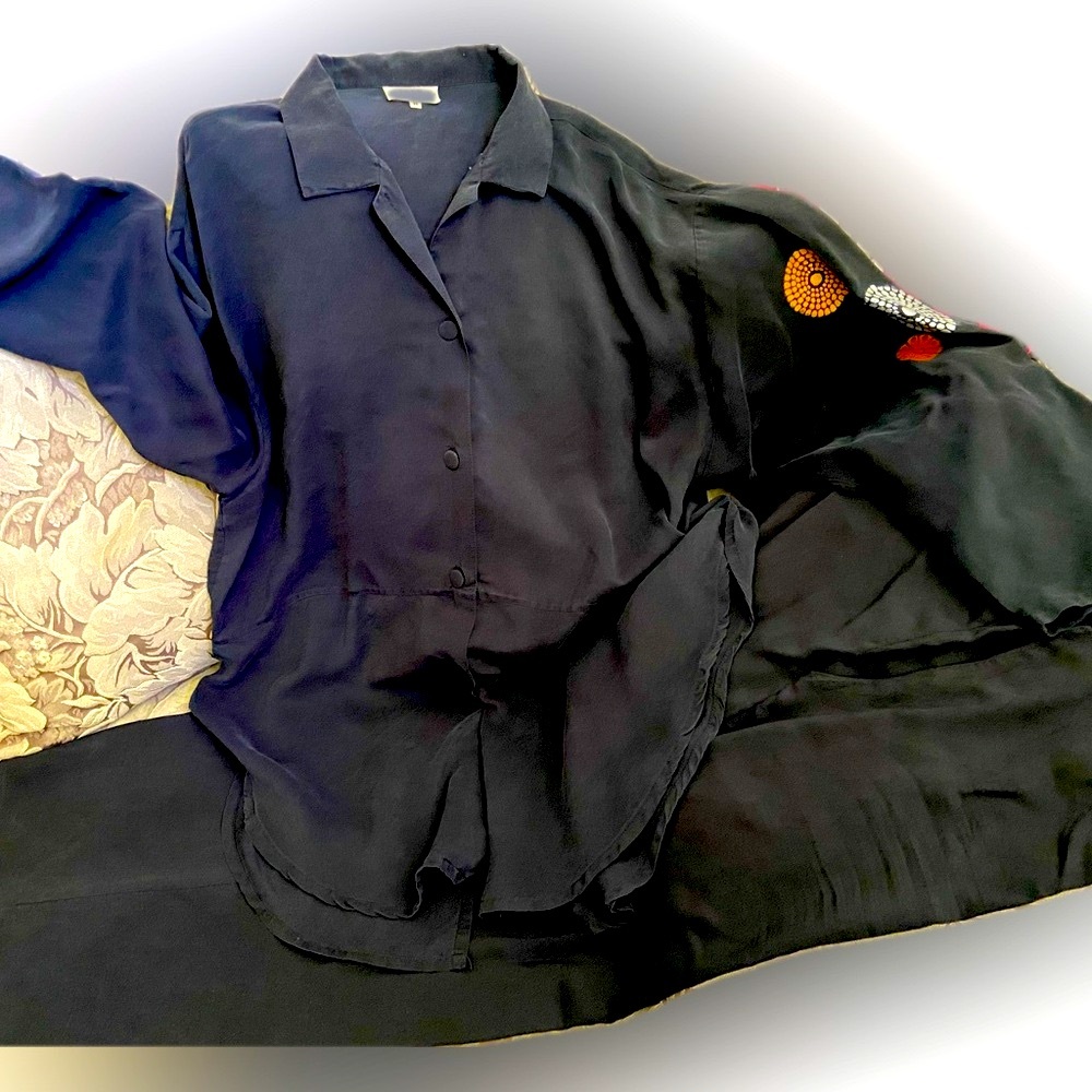 Black Satin Button-Front Women’s Blouse